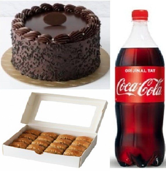 2-3 Kişilik Çikolatalı Yaş Pasta (1 Adet), 1 kg Cevizli Baklava (1 Adet), 1 Litre Kola (1 Adet) KarabÃ¼k pasta sipariÅŸi