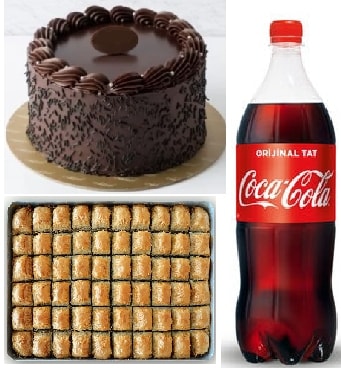 Klasik Çikolatalı Yaş Pasta 1 kg Cevizli Baklava ve 1 Litre Cola Karabük pasta siparişi