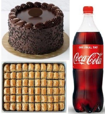 Klasik Çikolatalı Yaş Pasta 1 kg Cevizli Baklava ve 1 Litre Cola KarabÃ¼k pasta sipariÅŸi